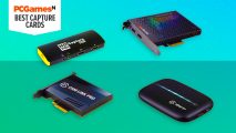 Four of the best capture cards on a blue gradient background