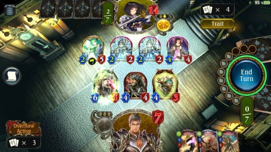 Best free PC games: Shadowverse. Image shows a game in progress, with various character tokens laid down on the table.