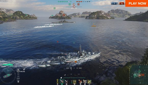 Best free PC games: World of Warships. Image shows some warships sailing around on the water.
