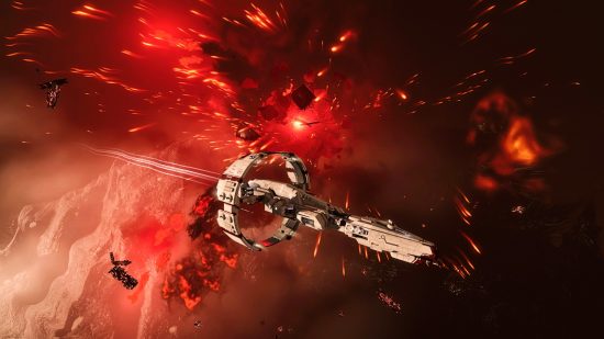 Free Steam games: EVE Online. Image shows an epic space battle unfolding in a black and red sky.