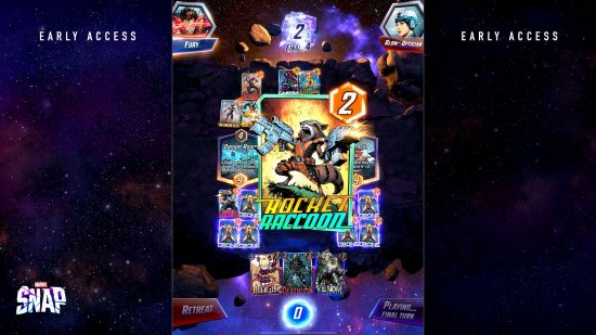 Best free Steam games - Marvel Snap: The Rocket Raccoon card is played over a full board of superhero playing cards