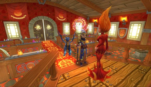 Best free Steam games - a mage with a dragon is standing next to a large woman with a fiery dress in Wizard101. The mage is casting magic.