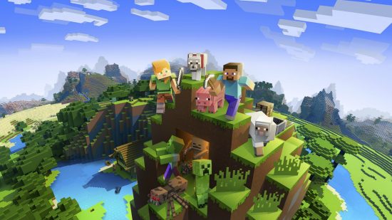 Best PC games - Minecraft: Steve and Alex stood on a mountain with a wolf, pig, sheep, and a creeper