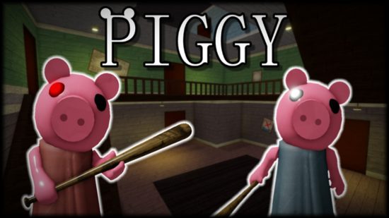 Two pigs stand with baseball bats in their hands, one wears a blue dress and one wears a brown dress in one of the best Roblox games, Piggy.