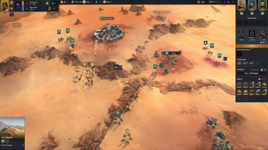 Best strategy games - armies in green are defending their base against troops in yellow in a desert location in Dune: Spice Wars. There are no sandworms in this desert, but they're probably coming.