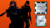 Counter-Strike 2 key art (left), against a two-tone orange background, with an AMD CPU (top right) and Intel CPU (bottom right) floating next to it