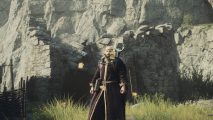 The Arisen is standing outside a crumpled tower from Dragon's Dogma 2 The Heel of History quest.