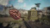 A Dragon's Dogma 2 Wakestone Shard and the Dragon's Gaze items on a blurred background of Vermund.