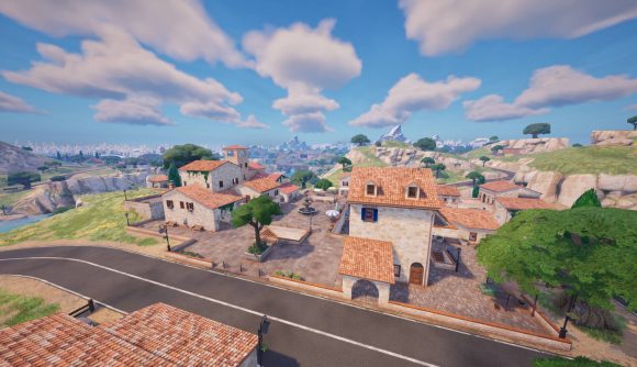 A view of some houses in the Fortnite map in Chapter 5 Season 1.