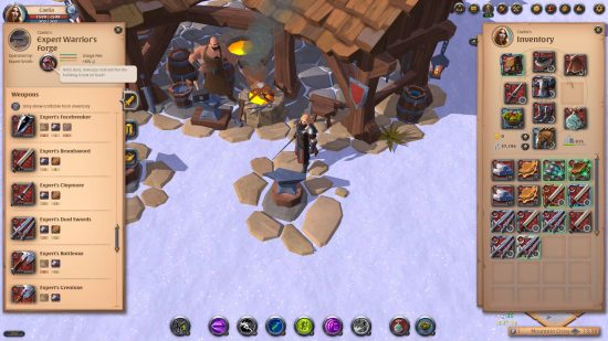 Best free PC games: Albion Online's main gameplay screen has icons along the bottom and a character building in the snow