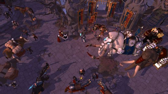 Free Steam games: Albion Online. Image shows a fantasy town square with cobblestones and people walking on it. There are even elephants. 