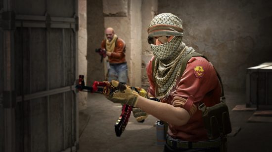 A soldier holds a gun out in front of him, as does another behind him, as they walk stealthily through an alleyway in one of the best free Steam games, CS:GO.