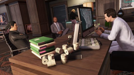 GTA 6 release date - a screenshot from GTA 5 showing people hanging out inside an apartment.