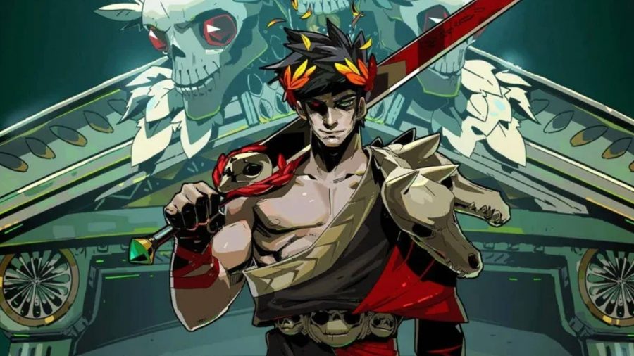 Hades wielding his sword before the House of Hades, the hub that he returns to after his endless attempts to escape the Underworld.
