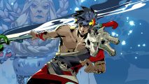 Hades Steam sale: a man in a red toag with a giant spear, jumping to the side