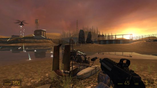 Best PC games: a person holding a gun stands on the bank of a river, the sun setting in the background.