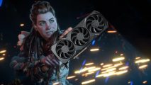 Aloy, protagonist of Horizon Forbidden West, wielding a Radeon RX 7900 XTX graphics card