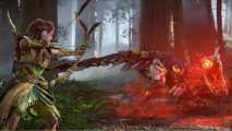 Aloy (left), protagonist of Horizon Forbidden West, readies her bow against a machine (right)