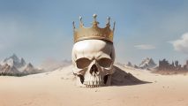 Millennia review: a skull wearing a crown sitting in the middle of a desert.