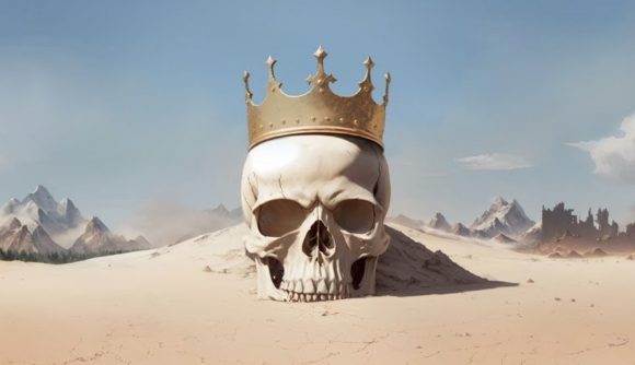 Millennia review: a skull wearing a crown sitting in the middle of a desert.