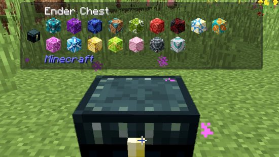 Best Minecraft mods - a closed ender chest and the Jade UI showing its contents, a variety of colourful terracotta blocks.