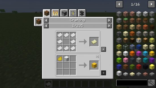 Best Minecraft mods - the user interface of the Just Enough Items mod, with the player crafting a map and a yellow wool block, and a long list of items on the right and side.