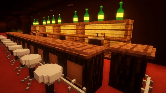 Best Minecraft mods - a detailed bar with stools and wine bottles in the LittleTiles.
