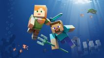 Minecraft system requirements: Alex (left) and Steve (right), swim in a blocky blue ocean, each equipped with a diamon sword and trident, respectively