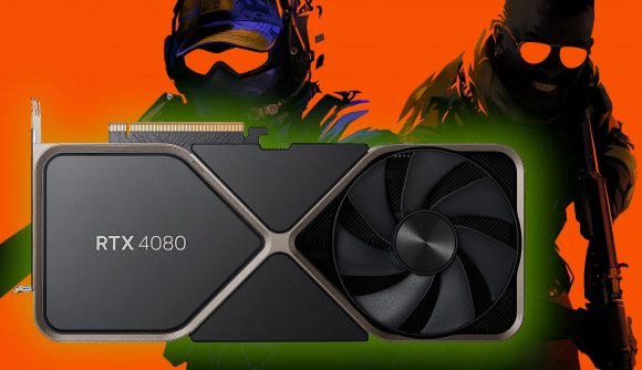 An Nvidia GeForce RTX 4080 Founders Edition, surrounded by a green aura, with CS2 key art behind it against an orange backdrop