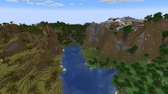 Minecraft seeds: seed with all biomes - plains, savannah, snowy hills, swamp, and more biomes can all be seen from the same place, at spawn.