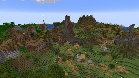 Minecraft shattered savanna seed: Windswept savanna seed - A savanna biome with a large village in the foreground.