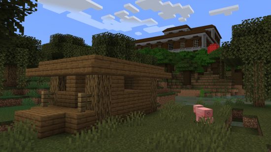 Minecraft seeds: Witch hut seed - A witch hut with a large woodland mansion close behind.