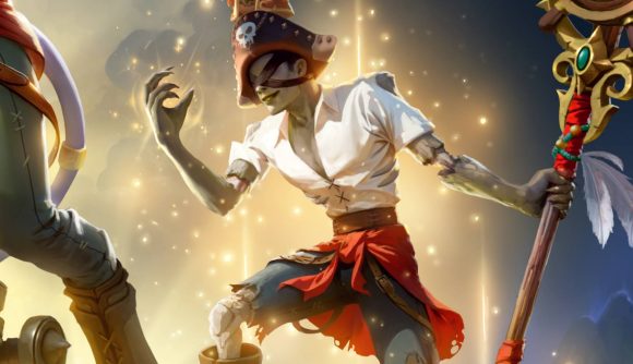 An undead warrior dresses as a pirate glowing with golden sparkles holding a huge red, feathered staff in one hand, raising their claws
