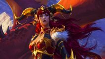 The best WoW addons in 2022: Alexstrasza the Life-Binder, the Aspect of the red dragonflight, depicted in elf form with her distinctive ornamental horns in WoW Dragonflight